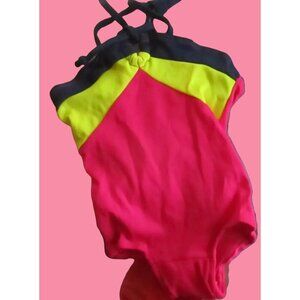 Vintage 1980's GIRLS 3 Swimsuit NYLON STRETCH COLORBLOCK 1 Piece CASTAWAYS